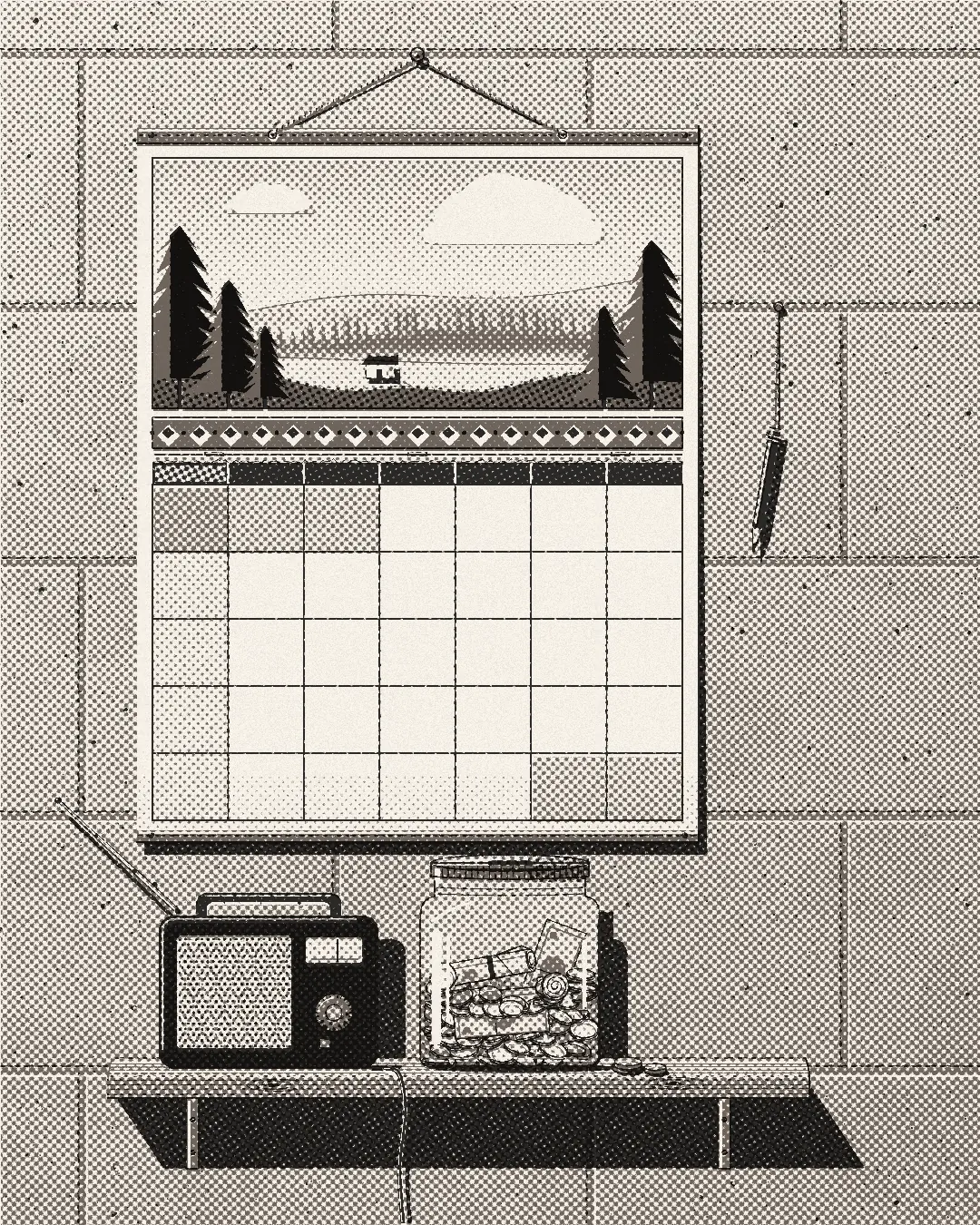 Un calendario colgado en una pared de bloque, con una repisa, un radio y un frasco de monedas. En el calendario hay tres días tachados y un tercio del cuarto.