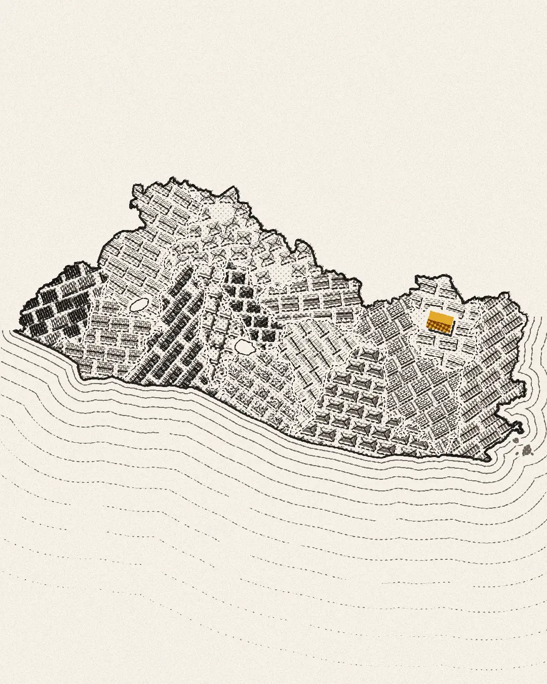 Mapa de El Salvador hecho de techos de lámina, por departamentos. En Morazán, un solo techo amarillo.