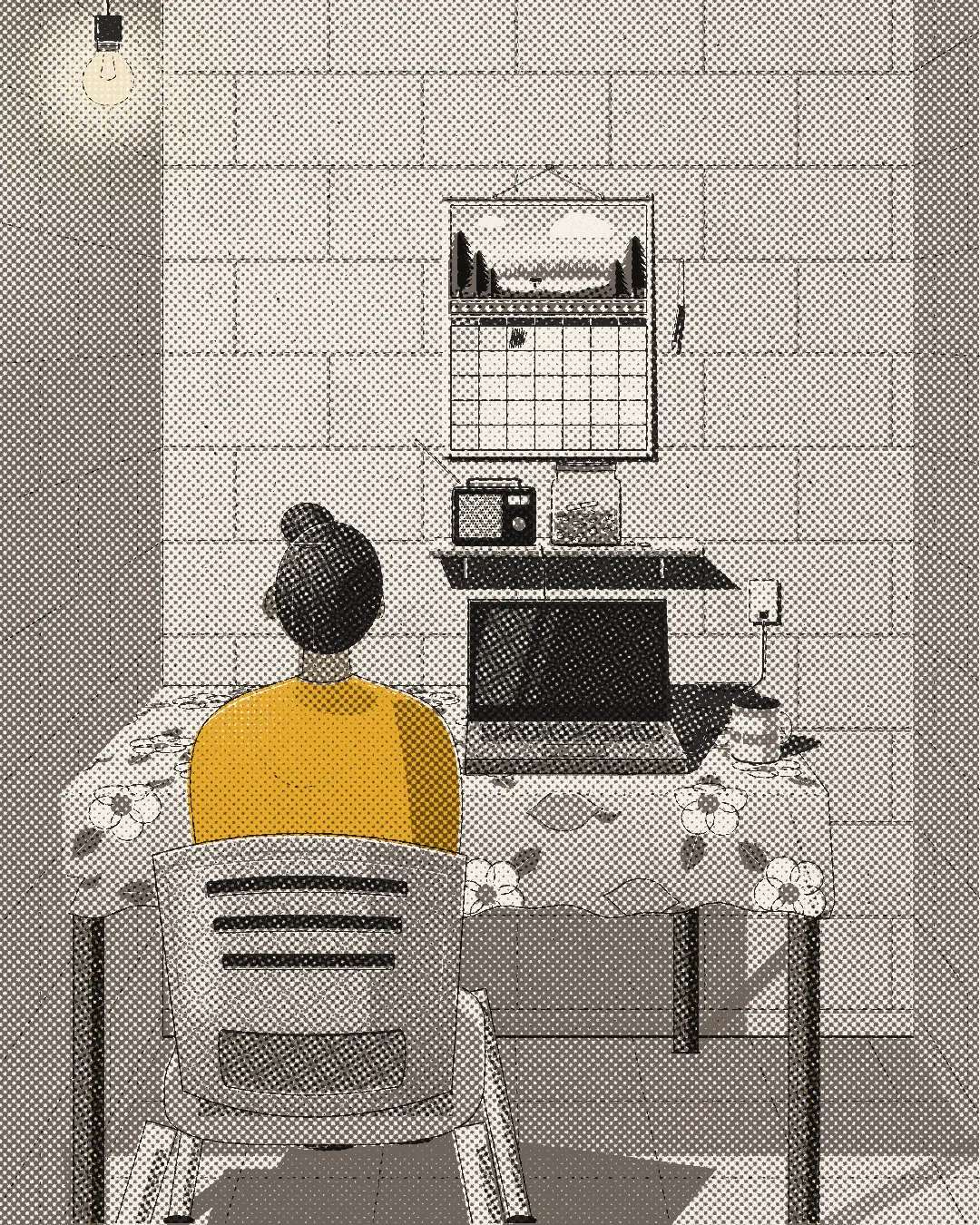 Ella de espaldas, en una silla plástica, frente a una laptop en su cuarto. En la pared, el calendario con casi un día tachado. En la pantalla, su psicóloga.